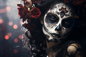 attractive young woman with sugar skull makeup Hispanic children celebrating Dia de los Muertos dia de los muertos of calavera catrina