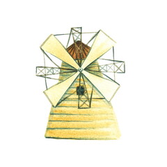 Fototapeta na wymiar Traditional Dutch wooden windmill. Hand-drawn watercolor illustration isolated on a white background.