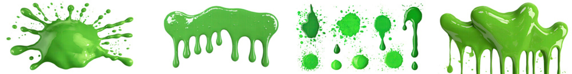 Collection of green paint splashes, drops, set of pink droplets of oil, soap or juice bubble, top view, on table, isolated on a transparent background. PNG cutout or clipping path. - obrazy, fototapety, plakaty
