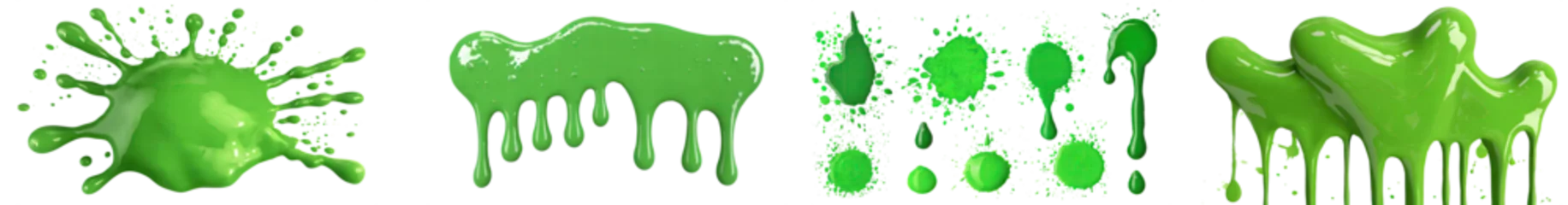 Fototapeten Collection of green paint splashes, drops, set of pink droplets of oil, soap or juice bubble, top view, on table, isolated on a transparent background. PNG cutout or clipping path. © Transparent png