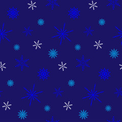Winter seamless pattern. Blue and white doodle snowflakes on dark blue background. Pattern for textile, fabric, card, wrapping paper, invitation, wallpaper, etc. Vector illustration