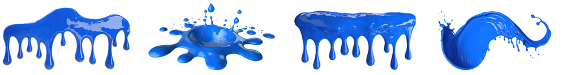Collection of blue paint splashes, falling or melting with violet or dark blue drops and droplets,...