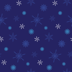 Fototapeta na wymiar Winter seamless pattern. Blue and white doodle snowflakes on dark blue background. Pattern for textile, fabric, card, wrapping paper, invitation, wallpaper, etc. Vector illustration