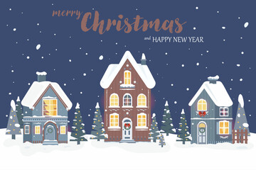 Christmas card. Cozy winter houses in Scandinavian style. Editable vector illustration for Christmas invitation, card and website banner. Scandinavian architecture