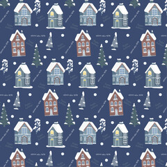 Background seamless pattern with Scandinavian houses. Christmas pattern. Scandinavian style.