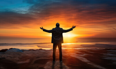 Fototapeta premium A man standing on a beach by the ocean
