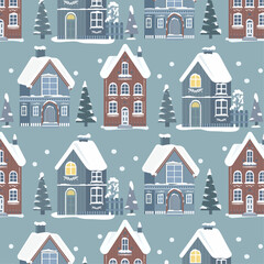 Background seamless pattern with winter houses. Christmas pattern.