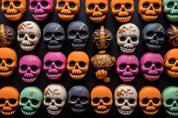 An array of colorful Halloween macarons shaped like skulls and pumpkins