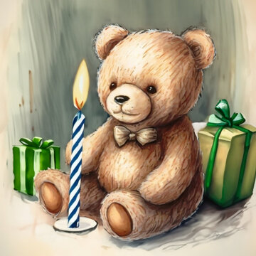 Teddy bear birthday party with gifts and candle pencil illustration 