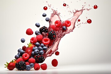A cascade of mixed berries falling onto a white surface