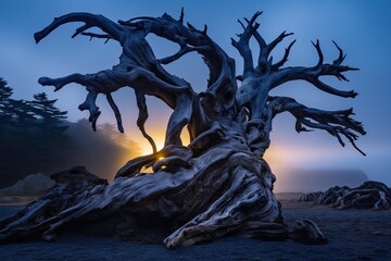 A ghost intertwined with a gnarled, ancient tree at twilight