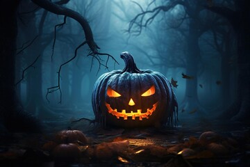 Fototapeta premium A glowing jack-o'-lantern in a dark forest with fog