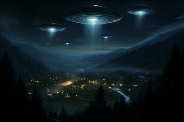 Illustration of unidentified aerial phenomenon sightings at night. Generative AI