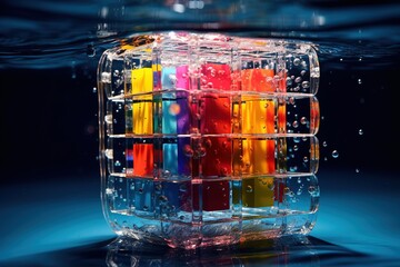 A Rubik's cube partially solved, submerged in water with air bubbles rising - obrazy, fototapety, plakaty