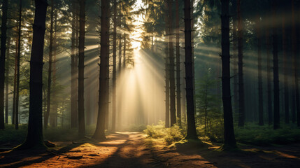 A peaceful forest clearing with sunbeams shining through