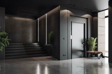 Modern office entrance with dark wall. Generative AI