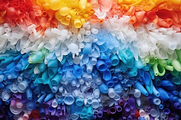 A rainbow of discarded plastic bottles neatly arranged by color