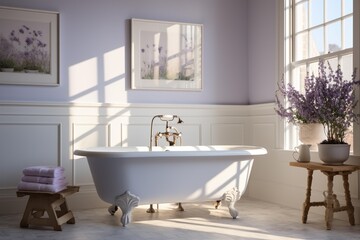 Fototapeta na wymiar A sunlit bathroom featuring a clawfoot tub with lavender bath salts scattered around