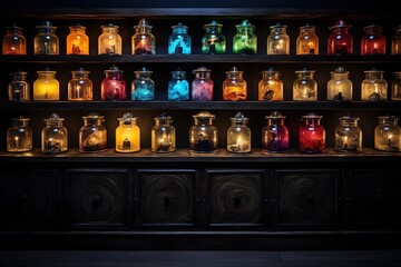 A series of colorful apothecary chests in a dimly lit room