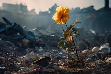 A single wilted flower emerging from a pile of landfill waste