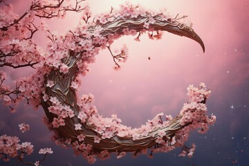 Crescent moon cradled in cherry blossoms during springtime