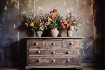 Chest of drawers in rustic setting with wildflowers in vase on top - obrazy, fototapety, plakaty