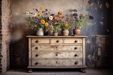 Chest of drawers in rustic setting with wildflowers in vase on top