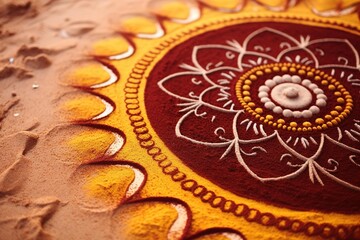 Close-up of intricate mandala pattern drawn with colored sand