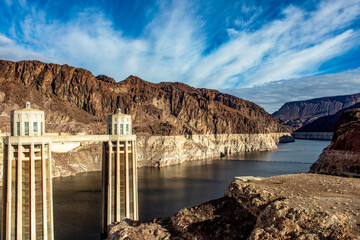 Panoramic view of the mythical Hoover Dam, between mountains on the course of the Colorado River on...