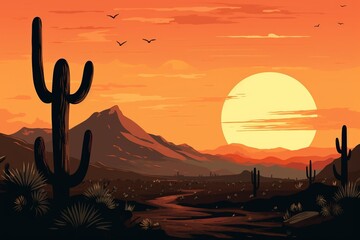 Cactus silhouette against a desert sunset with a crescent moon