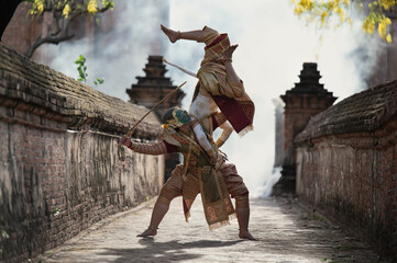 Pantomime (Khon) is traditional Thai classic masked play enacting scenes from the Ramayana in a...