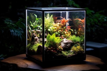Cube-shaped terrarium containing exotic plants and LED lights