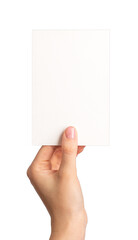 Blank paper card in hand. Holding postcard mockup isolated