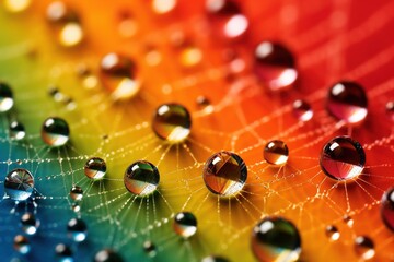 Extreme close-up of water droplets on a spider web refracting rainbow colors