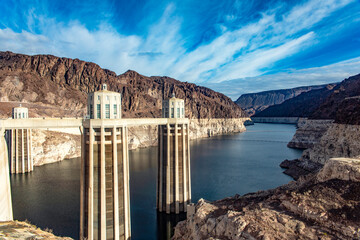 Hydro-generators at the Hoover Dam, located between mountains on the Colorado River on the border...