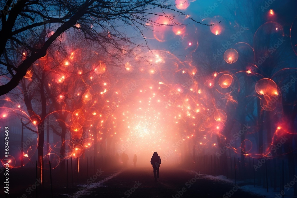 Wall mural fireworks seen through a dense fog, creating a halo effect