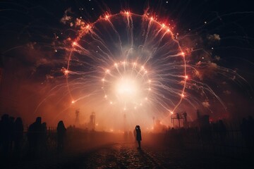 Fireworks seen through a dense fog, creating a halo effect