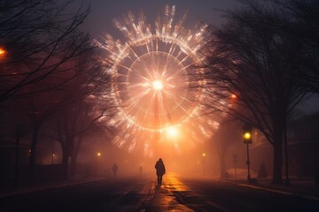 Fireworks seen through a dense fog, creating a halo effect