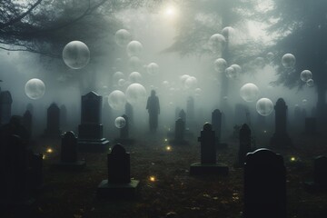 Ghostly orbs floating above a misty graveyard