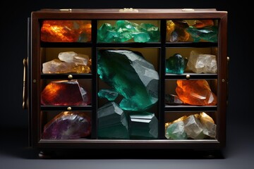 Glass-fronted specimen chest containing rare gemstones and minerals