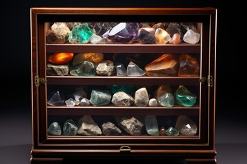 Glass-fronted specimen chest containing rare gemstones and minerals