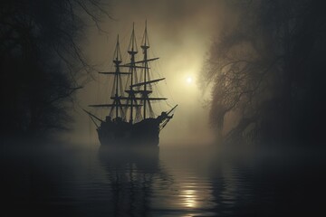 Ghostly ship sailing in a dense fog over a still lake