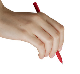 Hand holding red pen, drawing, writing, correcting, isolated on white background