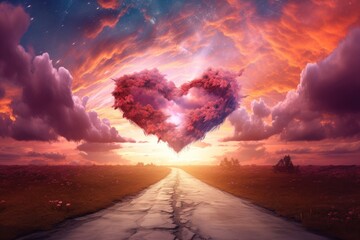 A heart-shaped cloud hovering over a scenic road - obrazy, fototapety, plakaty
