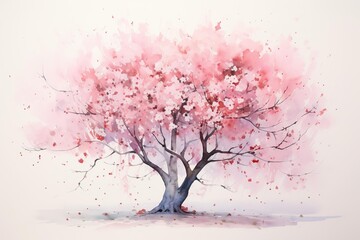 Japanese cherry blossom tree in watercolor with falling petals