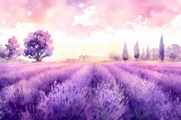 Lavender fields in bloom portrayed through watercolor gradients