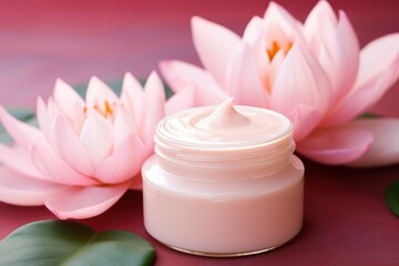 Obraz na płótnie Canvas Pink cream bottle with beauty products lotus flower and leaves on pink background. Natural organic skin care.