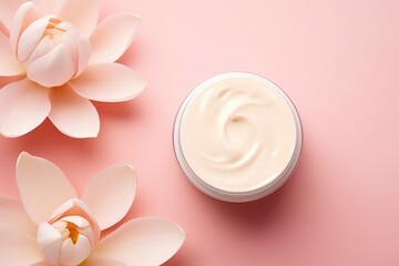 Pink cream bottle with beauty products lotus flower and leaves on pink background. Natural organic skin care.