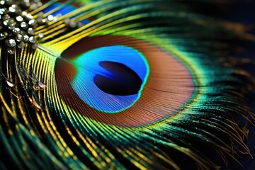 Naklejka premium Macro shot of a peacock feather showcasing vibrant colors and intricate designs