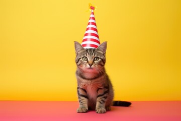 A cute kitten wearing a festive party hat on a vibrant pink and yellow background